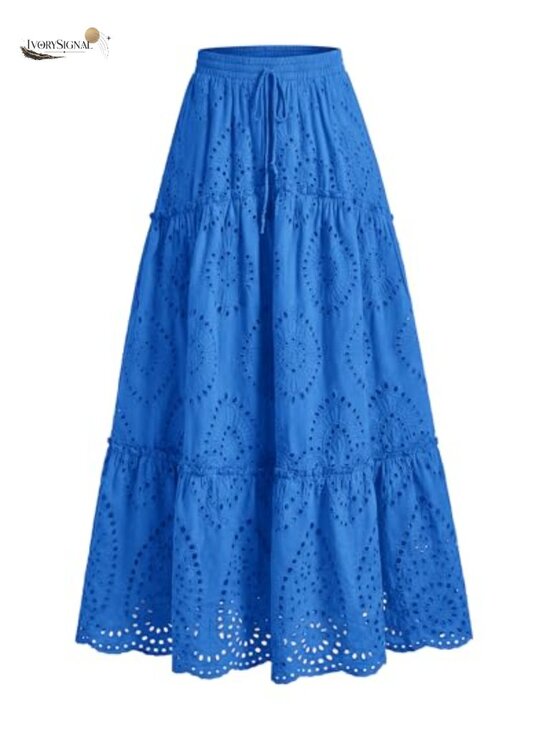 Dresses & Skirts - Eyelet Embroidered Maxi Skirt Elastic Waist Flowy A-Line Vacation